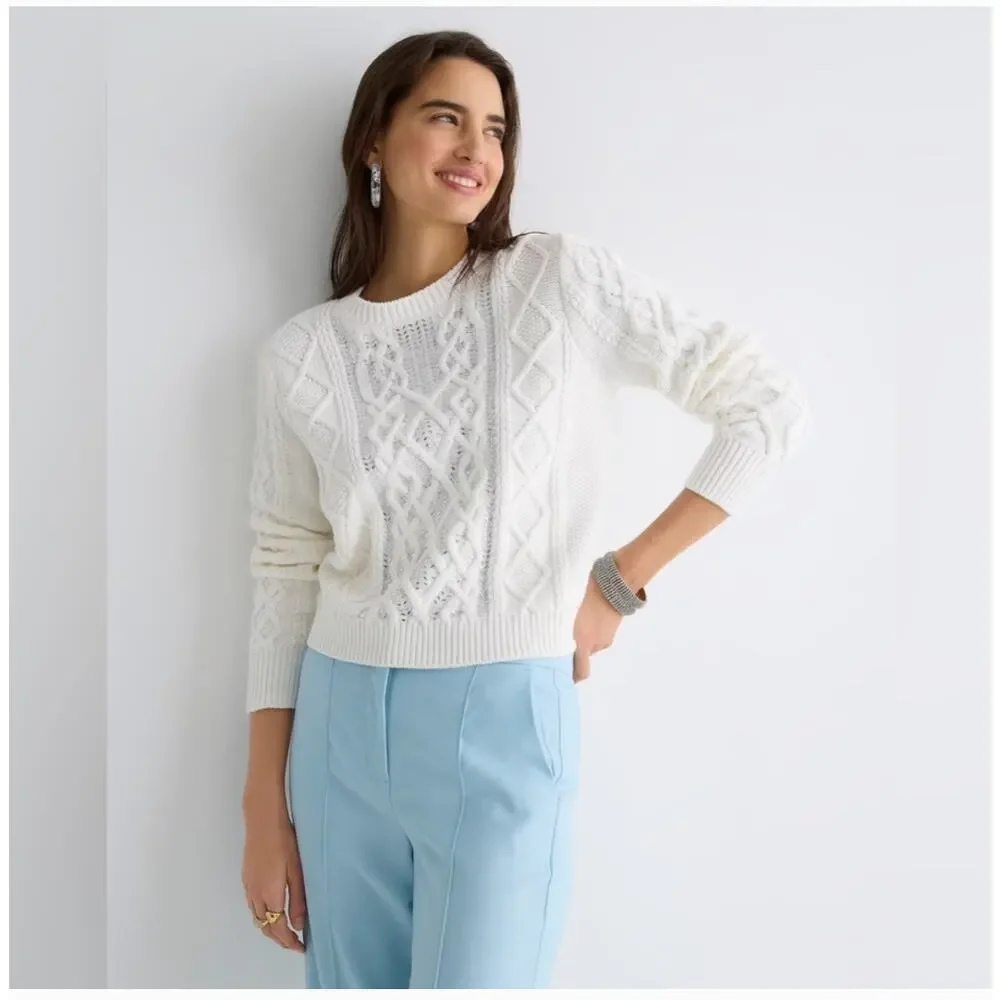 J. Crew White Cable-Knit Crewneck Sweater